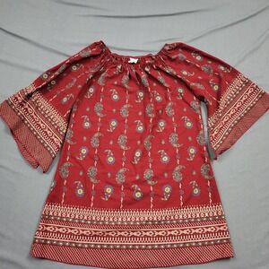 Ahto USA Womens Medium Burgundy Paisley Floral Bell Sleeve Tunic Top DA096